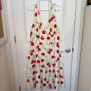 Tatyana Cream and retro cherry print Sleeveless Dress zipper back 3X